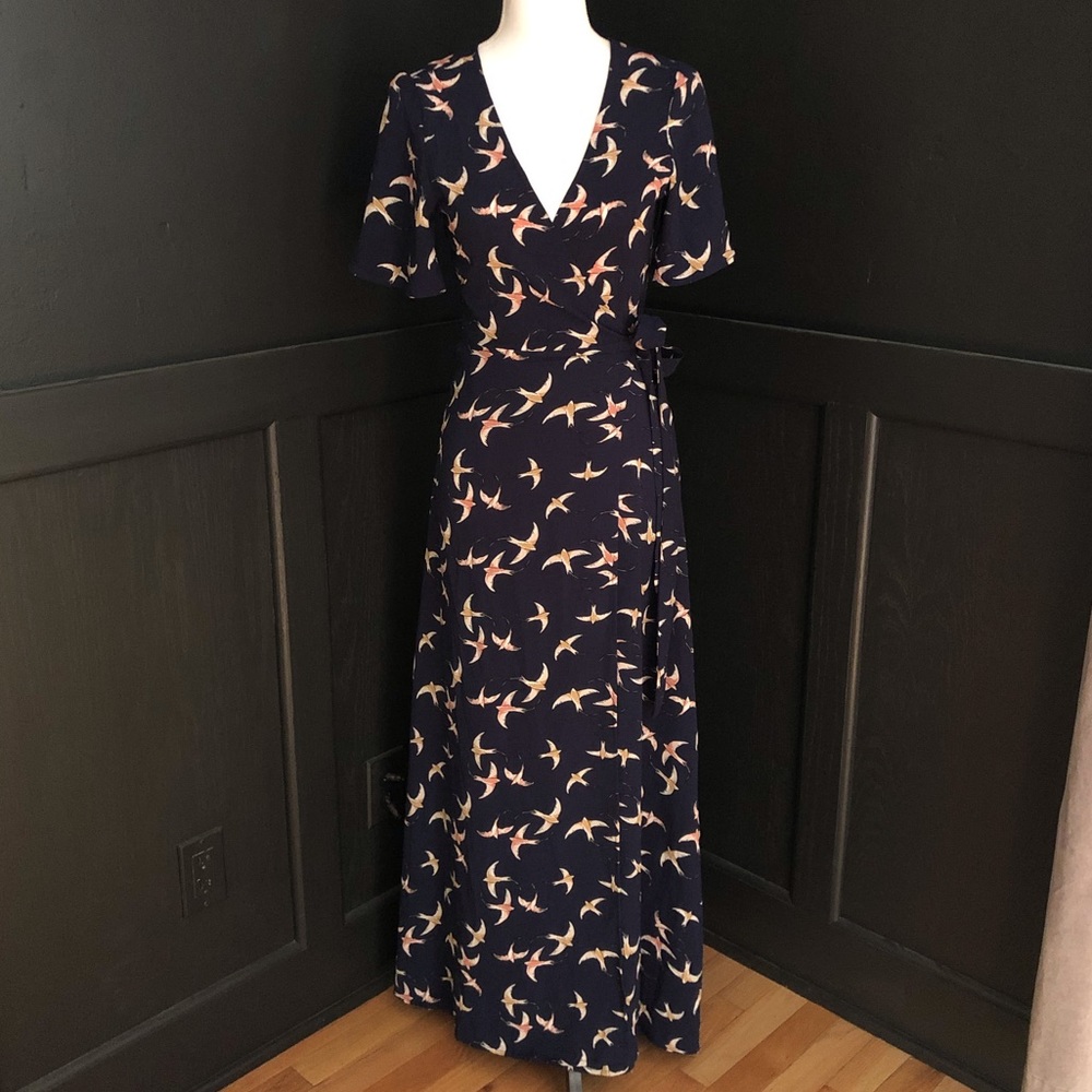 Navy Maxi Wrap Dress w/ Birds in Flight Print